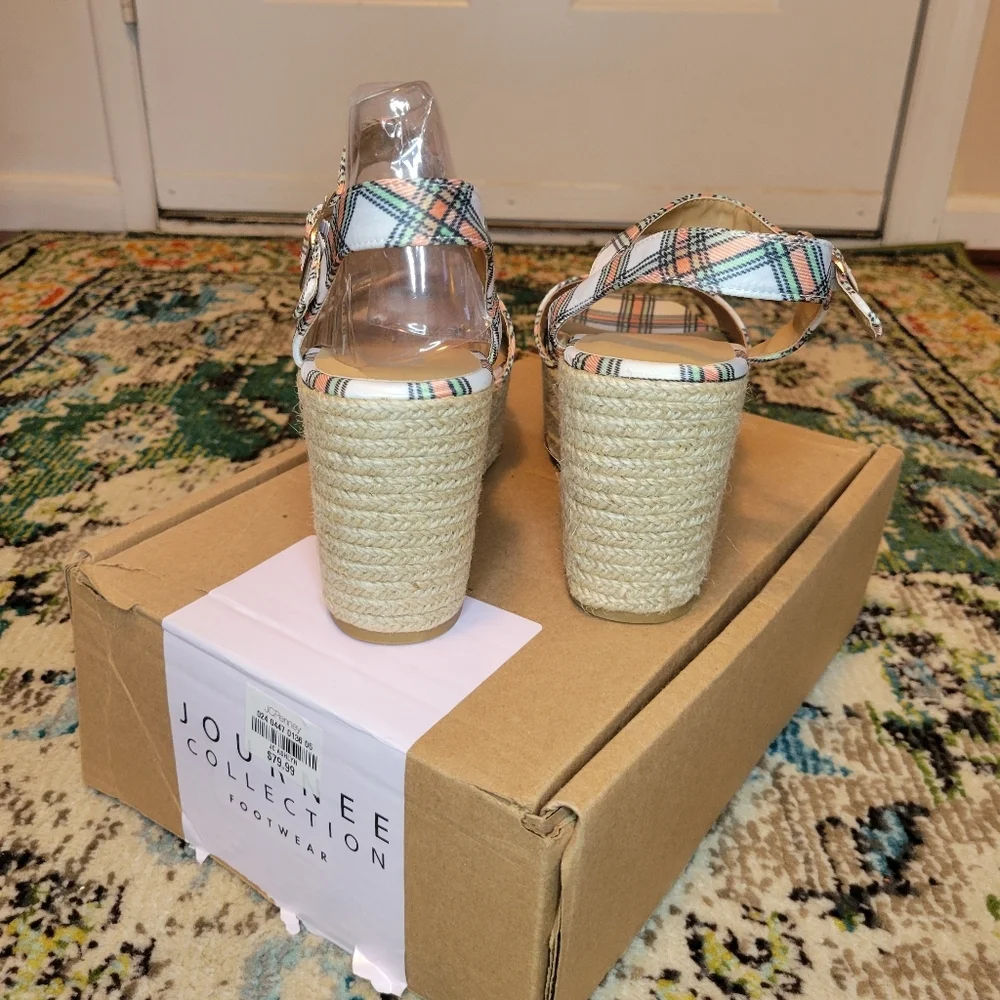 NIB Journee Collection Footwear Plaid Strappy Bohemian Open Toe Heels, Size  7.5